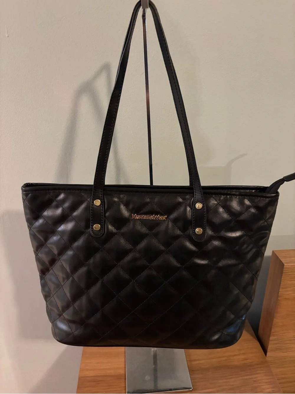 Montana West Black Quilted Tote interior zippered pocket and two slip pouches